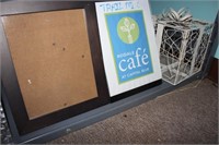 Shelf lot: 4 frames w/ signs; decorative cube box