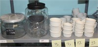 Shelf lot: 2 round glass caninsters; 40 ramekins