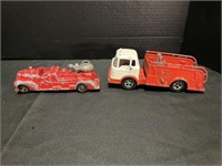 Pair of Early Metal Toy Firetruck, Tow Truck.