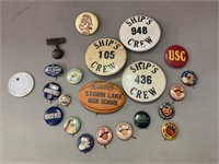 Assortment of pins, Includes, political, school,