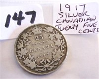 1917 Canadian Silver Twenty Five Cents Coin