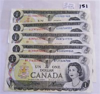 5 Canadian 1973 One Dollar Paper Money