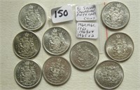 9 Canadian Silver Fifty Cents Coins