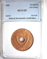 1949 10 Cents NNC MS63 BR East Africa