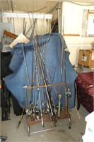 Large Lot of Fishing Rods, Reels & Holder
