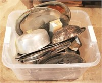 Plastic Tote Full of Assorted Silver Plated Items