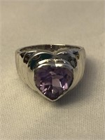 Vintage .925 SS Heart Shaped Amethyst Ring