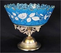 Decorated Art Glass bowl w/Rockford silver