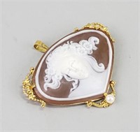 18K Gold & Pearl Cameo Brooch & Pendant.