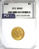 1853 Gold $5 MS63 LISTS $6500