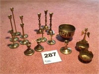 4 sets of brass candlesticks & bowl