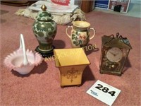 Schutz brass clock, oriental vase w/lid and base..