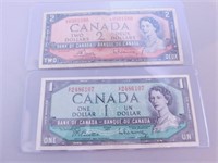 Monnaie Canada $1 et $2 de papier série 1954