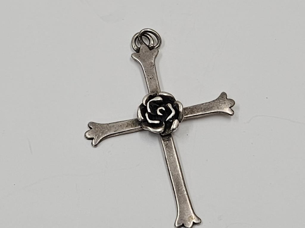 Large Sterling Silver Cross with Flower