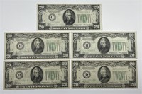 1934 $20 FRN Assortment of 5 Notes