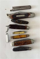 8 vintage pocket knives, one larger, 5 inch