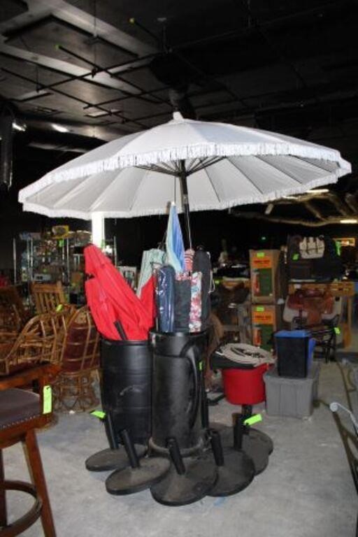 Lot of Yard Umbrellas w/(7) Stands, Barrel &