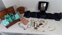 Costume Jewelry w/Wooden & Plastic Jewelry Box