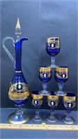 Cobalt Blue Decanter & 6 Goblets (some gold loss)