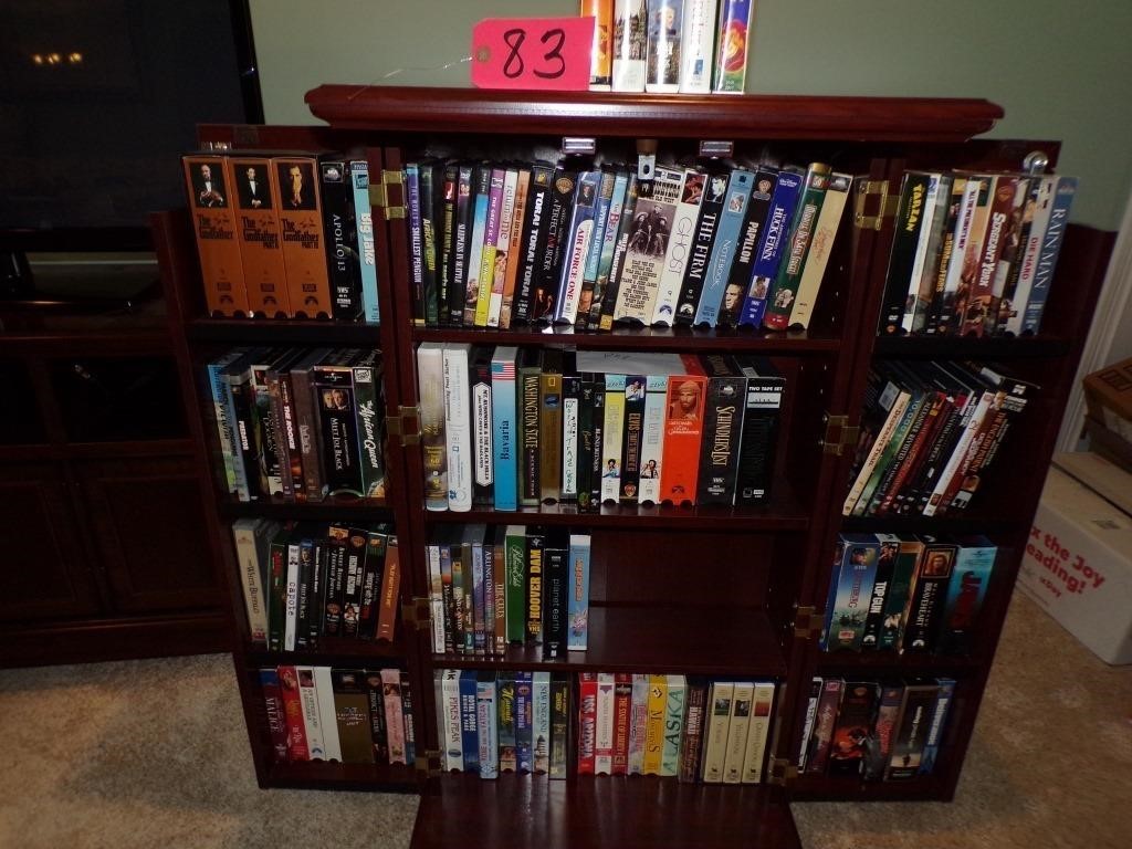 CHERRY VHS/DVD CABINET INCLUDING CONTENTS