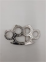 Silver brass knuckles belt buckle w/rhinestones