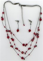 Silver Red Bead Necklace & Earrings 18 “