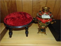 antique stool and metal Tea Dispenser