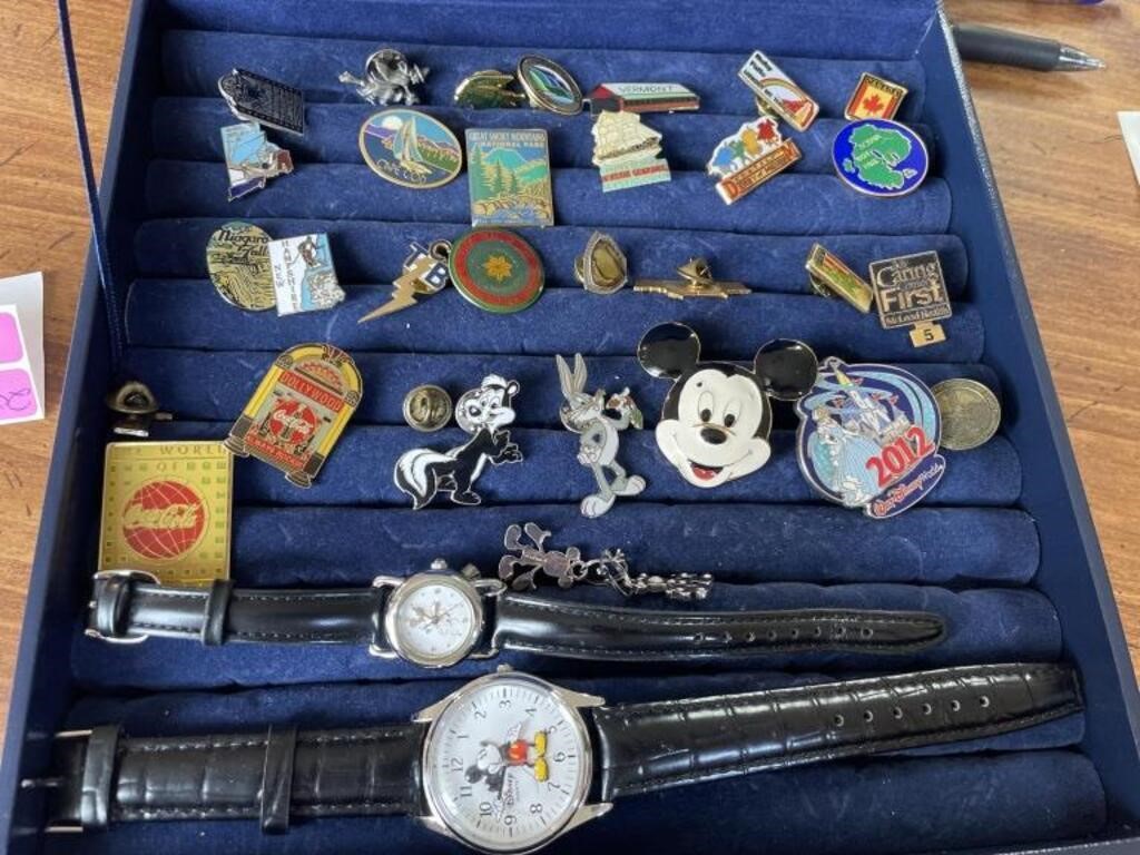 Box full of tie tacks  watches pins Looney Tunes