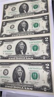 (4) uncirculated $2 bills w/ consecutive serial #s