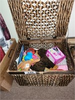 RATTAN LIKE HINGE TOP TOY BOX W/ CONTENTS