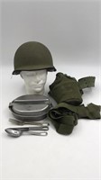 1945 Ww2 Military Helmet, Canister, Mess Kit,