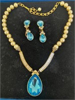 22" Heidi Daus Necklace and Earrings  Blue Crystal