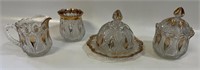 GREAT PRESSED GLASS SERVING DISHES W GOLD TRIM