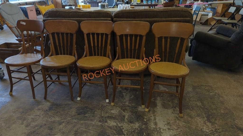 Lot of 5 vintage cane seat kitchen chairs