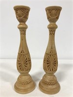 Hand carved wood candlestick pair