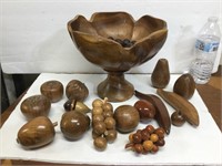 Nice Wood Pedestal Bowl w/ wood Fruit and Nuts