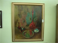 Large oil on board still life of flowers and