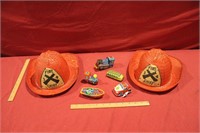 Vintage Pair Straw Firefighter Hats and Metal Toys