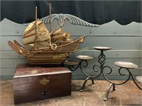 WOODEN BOAT   LINED STORAGE BOX   METAL CANDELABRA