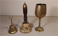 Two Brass Bells & Filigree Brass Cup