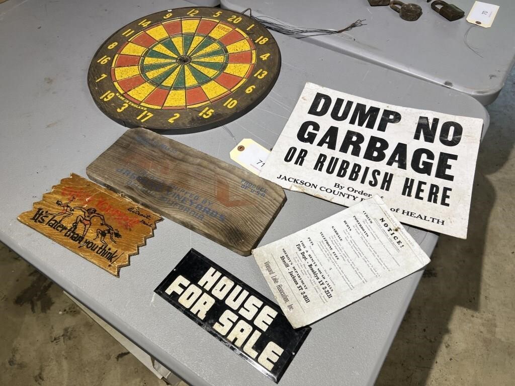 OLD SIGNS AND DART BOARD