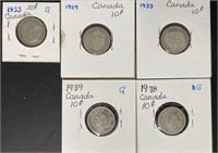 1929, 1933, 1938 & 1939 Canadian Dimes. *SC