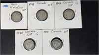 1940, 1941, 1946, 1947 & 1949 Canadian Dimes. *SC