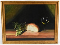 Caer, Still Life Painting with Bread Grapes & Wine