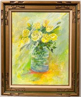 Vibrant Yellow Rose Bouquet Painting Signed Exum