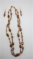 Amber Double Strand Glass Bead Necklace & Earrings