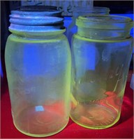 (4) Quart Uranium Glass Canning Jars, (2) w/Lids