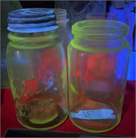 (4) Uranium Glass Quart Canning Jars, One w/Lid