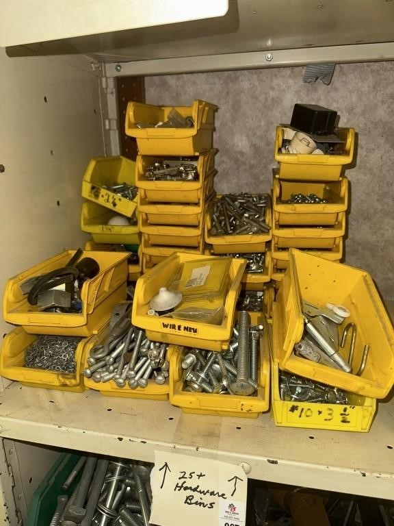 25 hardware bins with contents