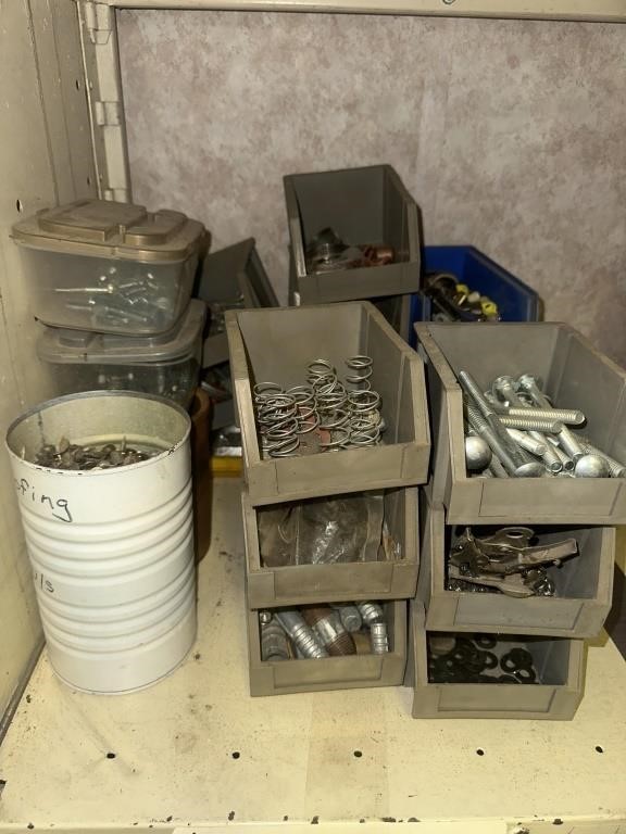 10 harware bins and can of roofing nails